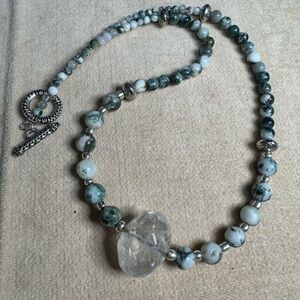 Handmade Moss Agate and Clear Quartz Focal Beaded Necklace